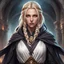 Placeholder: dungeons & dragons; digital art; portrait; female; wizard; sorceress; witch; ash blonde hair; young woman; flowing greek robes; cloak; hood; single braids; dark clothes; traveling clothes; confident