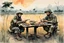 Placeholder: a Viet-kong guerilla and an American soldier sitting at a small wooden table at dawn in the middle of a rice field and eating a big bowl of Pho soup, thier AK-47 and M16 are put aside, watercolor and ink, tint bleed, pastel colors of drab, beige, green, black, yellow and orange
