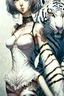 Placeholder: junji Ito ~ shintaro kago ~ apollonia saintclaire ~ saturno butto ~ anime woman posing. standing next to giant fierce white tiger. anime style alluring. cute, amazingly girly. Cute. anime girl. unrealistic feminine anatomy, very feminine pose. Gorgeous features . Hyper detailed. High definition. Anime style. HDR. 8k. This contrast between the fantastical character and the more bold color scheme and elements gives the piece an intriguing narrative quality. painted realism, photorealistic, fantasy