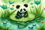 Placeholder: panda sitting on a water lily leaf with dragon flies