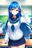 Placeholder: girl, masterpiece, best quality, cinematic lighting, detailed outfit, vibrant colors, perfect eyes, long hair, blue hair, green eyes, hairclip, indoors, ray tracing, god rays, in spring, classroom, sparkle, depth of field, smile, school outfit,