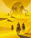 Placeholder: A surreal and dreamlike image of a vast desert landscape, with towering sand dunes and a bright yellow sun in the sky, casting long shadows over a group of figures wearing gas masks and carrying strange contraptions, as if exploring an alien world.