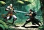 Placeholder: (in the style of Orion, by Masamune Shirow) a gangsta monk fight against a paladin knight in the jungle