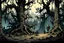 Placeholder: Comic-Stil. düsterer Wald mit gnarly trees, Engelsstatue, darkest dungeon