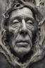 Placeholder: surrealis monochrome A fragmented, surreal sculpture liguid color of photorealistic image 3d,psychedelic art of an old man face glossy emerging from dreamlike a crumbling building. The face appears pale with deep cracks and intricate details, evoking a haunting expression. Blackened tree branches intertwine with the gold mengkilat cracks, set against a backdrop of stormy, cloud-filled skies. bauhaus art The overall tone is dark and moody, suggesting themes of decay and transformation. Include