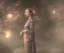 Placeholder: misty foggy area with a girl in a floral kimono in the middle of a bright japanese village at night