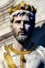 Placeholder: Realistic image, Roman sculpture made in white marble with gold veins, Lionel messi with gold laurel leaves crown, two blue brushes, decorative star on the chest, waist up portrait, marble material, gold ornaments, Baroque style, sun rays background, epic, celestial, cinematic lighting, God lights, 4k resolution, smooth details, soft lighting, unreal engine 5, art station, substance 3d.