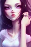 Placeholder: girl, cute, beautiful, black hair, long hair, straight hair, bangs, pink shirt, big eyes, brown eyes, close up portrait, kawaii