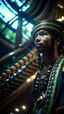 Placeholder: close up portrait of a happy blessed buffalo soldier standing on a throne in a space alien mega structure with stairs and bridges woven into a sacred geometry knitted tapestry in the middle of lush magic jungle forest, bokeh like f/0.8, tilt-shift lens 8k, high detail, smooth render, down-light, unreal engine, prize winning