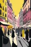 Placeholder: French animation arcane style.Yellow pink and grey, kandinsky style. Modern City street crowded by people with no faces covered by black hoods