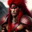 Placeholder: Barbarian anime character, animal hide armor, physically fit, tribal tattoos, scars, washboard abs, red facepaint, red hair, dark eyeshadow, intricate eyeliner, soft round eyes, beads in hair, 8k resolution, cinematic smooth, intricate details, vibrant colors, realistic details, masterpiece, oil on canvas, smokey background