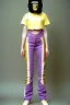 Placeholder: Photograph of a woman. Huge prints on denim,terracotta, cream and purple, lilac. Cream colored latex parts. Baggy, low waist jeans, 1996!imperial yellow, red plum mixed stripes, only on top half of t-shirt. Plant print.European daft punk woman. Mantle is sewed of recycled Denim and sewed together of recycled polymer felt. lace, Yellow(Munsell) areas. hint of orange as effect color!!Big bright purple/khaki felt tippet and cream or blue or lilac colored-hood. mantle is merged with cobalt boler