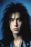 Placeholder: professional quality 35mm photograph, Chiaroscuro lighting, deep shadows, rich deep colors, facial portraits, 1980, 15-year-old Ace Frehley, ((1980's big hair, long, teased up Spikey Motley Crue style hair)), black hair, facial portraits, foggy, cloudy blue wall with assorted designs and multiple floral arrangements in the background, 4k, 8k, 16k, 32k, 100k UHD, Ultra-Hyper Resolution, dark, sultry eyeshadow, eyeliner, mascara, rouge, lipstick,