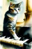 Placeholder: A young beautiful cat, portrait, is playing on a piano, Vienna in the background, watercolour