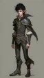 Placeholder: boy elf,he has curly, black hair and sharp cheekbones. His eyes are black. He wears fantasy medieval clothes. he is lean and tall, with pale skin, full body with boots, full body back view