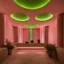 Placeholder: persian style , yazd ,Muqarnas architectural,photography, perspective, interior space, vertical light panels transition from pink to acid green hues, creating an ethereal gradient effect, modernism, expert, with a minimalist reception desk subtly lit to enhance the sleek design, foreground, a large, raw stone adds a touch of organic texture, used camera is Sony α7R IV, paired with a Sony FE 24-70mm f/2. 8 GM lens, set to an aperture of f/8 for optimal depth of field and sharpness, shutter speed