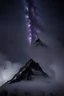 Placeholder: looking up from below at one single mountain sharp face rises out of the misty foreground into the night sky background.