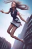 Placeholder: Girl falling off a building, looking down, long hair, cute, beautiful