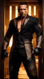 Placeholder: Jason David Frank as a Very muscular alpha male with short hair and tribal tattoos wearing a black designer suit , standing in a doorway