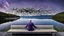 Placeholder: back to the camera on a beautiful amorph bench a figure sittings in a beautiful landscape and overlooking the water of the nearby lake, calm, harmonious atmosphere, muted dark colors, purple, white, gray, green, blue, brown, silver, and pale colors, ,not too colorful colors, Whimsical style and giant stunning neuron network all over the sky, half shadow and half light picture, surreal stunning vibe