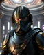 Placeholder: star wars bald male corellian pilot wearing pearlescent black and gunmetal grey First Order special forces heavy assault stealth commando armor and helmet with gold and metallic red trim inside the jedi temple, hyperdetailed, dynamic lighting, hyperdetailed background, 8k resolution, volumetric lighting, light skin, fully symmetric details