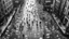 Placeholder: hyper realistic black and white aerial view of humans in plastic bubbles walking down a New York street, photorealism, highly detailed, 4k