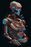 Placeholder: "Elevate your T-shirt design with a unique vector graphic of a man fused with an exploded view of an android r2i robot, created by the master illustrator and urban artist Nychos. The visually descriptive details and psycodelic color scheme will make this design a true work of art." cubism art style