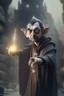 Placeholder: photorealistic, mr bean as robed goblin shaman wielding morning star in dark stone castle, 4 k, trending art, depth of field, volumetric light