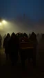 Placeholder: A group of hooded men wearing all black in funeral marching carrying a casket of a dead Man in a foggy night at the crave yard