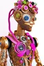 Placeholder: "AI, the Universe, and Everything"; is a pink gold metallic robot wearing a designer suit decorated with quilling found in nature such as feathers, foliage, flowers, and shells; Abstract art; Mixed Media; quilling