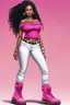 Placeholder: Create a digital airbrush cartoon of a curvy African American female wearing tight white jeans and a off the shoulder hot pink blouse. She is also wearing timberland boots. Prominent make up with hazel eyes. Highly detailed very long extremely braids of black hair. Her skin is smooth and silky. Background of a track of ATV riders.