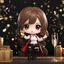 Placeholder: full body chibi woman popping a champagne bottle, long brown hair, red eyes, modern clothes, black pants, bad girl vibe, New Years themed, intricately detailed, anime chibi doll, 3d