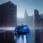 Placeholder: Blue Renault Zoë, futuristic city, zoom