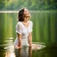 Placeholder: photography of a beautiful and happy woman, standing in lake water, eyes closed, meditation, white top, yoga flyer, brunette short wavy bob haircut, serenity, misty, relaxing image, white misty colors, foggy sunlight, high key