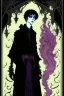 Placeholder: 17 year old boy, necromancer, friendly, looks dead, surrounded by weird smoke with eyes, wearing black robes, in the style of Harry Clarke