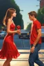 Placeholder: A girl collides with a young man and he catches her in the middle of the road and they look at each other with the bells around them ringing, the girl wears a short red dress exposed from the shoulders, and the young man wears jeans and catches an oil painting Photorealistic