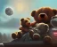 Placeholder: little boy and big teddy bears on moon. drifting in old bmw. oil on canvas