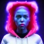 Placeholder: Us woman, rounded face, bubble gum, stars, blonde, red, blue, white, hoodie, feathers, retro, latex, leather, soft color, highly detailed, art stations, concept art, smooth, unreal engine 5, god rays, ray tracing, RTX, lumen lighting, ultra detail, volumetric lighting, 3d, finely drawn, high definition, high resolution, neon background.