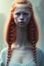 Placeholder: girl, cute, beautiful, orange hair, two braids, wild bangs, blue eyes, big eyes, freckles, long eyelashes, pink lipstick, thin lips, small nose, Gillian from Practical Magic, 8k resolution concept art portrait by Greg Rutkowski