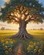 Placeholder: an ancient olive tree in the center of a sunflower field in in impasto style , golden light hour, blue sky full of cotton clouds, simple, peacefull, hyperrealistic --style raw --stylize 750 Modifiers: elegant 8k oil on canvas cinematic lighting very attractive beautiful dynamic lighting fantastic view close up Unreal Engine cinematic postprocessing acrylic art Surrealism Impressionist luminism Craig Rutkowski Tesselated 8k beautiful cinematic lighting elegant very attractive oil on canvas beauti