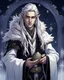 Placeholder: a young High Elf frost Wizard with long wiry hair, wearing a black trimmed white nobleman's robe and frost ornaments on clothes, with a small weasel on his shoulder