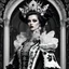 Placeholder: full body portrait of "A rococopunk women in striking black and white, exuding opulence and edginess in equal measure. The extravagant costume features intricate lace details and exaggerated ruffles, accented with metallic embellishments that catch the light. This stunning depiction is a digital art piece that showcases the fusion of rococo aesthetics with punk elements. The image is impeccably detailed and richly colored, immersing viewers in a world of luxurious decadence and rebellious spirit