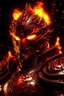 Placeholder: A warrior with a red dragon helmet and a red shell armor sparkling fire sprinkling with glowing eyes and those red gold