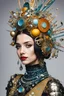 Placeholder: Avant-garde, tin, , Taffeta, crystals, felt, haberdashery, straws, knitted, fittings, disco, shining, brocade , vibes, cords, Fantasy, eggs, Close-up, smiling, Elegant Film photography, unique, angle side view, forehead, , headwear wearable art, ancient elements, fashion model wearing wired avant-garde gown, silk flowers , embroidered, beadwork, extremely fine details, , beautiful colors palette, huge detailed eyes, eyelashes, , Full-head, , isometric, digital art,