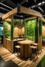 Placeholder: Corner exhibition stand in eco-style, with wood elements and greenery, with meeting areas