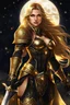 Placeholder: SUPER PRETTY GIRL, DRESSED WITH A BLACK-GOLD SMALL ARMOUR, GOLDEN LONG HAIRED, GOLDEN EYES, GREATH SMILE, BIG BUBS, NICE BODY, STAY ON DARKNESS CASTLE, STARS SKY, MOON, LEGENDARY WARRIOR, POWERED GIRL, A GOLDEN GLOW AROUND HER BODY.