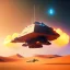 Placeholder: octane render volumetric desert environment, Ralph McQuarrie style painting of an armored hovercraft with cannon, floating in the air, highly detailed, minutiae, nimbus, stormy, renderman