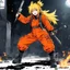 Placeholder: [Dorohedoro] Nikaido kicks and does magic in orange overalls, she stand up and she is dangerous. She is in Hell