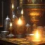 Placeholder: dynamic lighting, Intricately detailed, Splash screen art, deep color, Unreal Engine, volumetric lighting, silver coins, gold coins, silver treasure, stacked coins, indoors, candle, altar, black table,