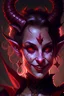 Placeholder: Portrait of a Dungeons and Dragons Tiefling girl with deep red sin, pretty, beautiful, symmetrical horns protruding fromn forehead, devil horns, smile, epic lighhting, cinematic, fantasy, , high quality, best quality, high definition, masterpiece, 8k, artstation, artwork, concept art